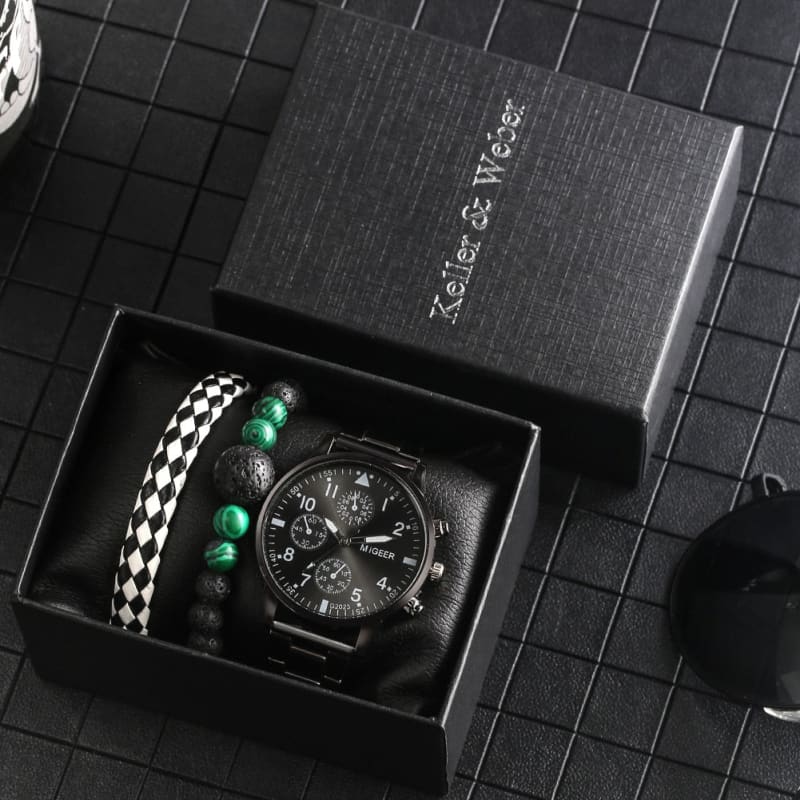 Kit Relógio Masculino + Pulseira Black Diamond