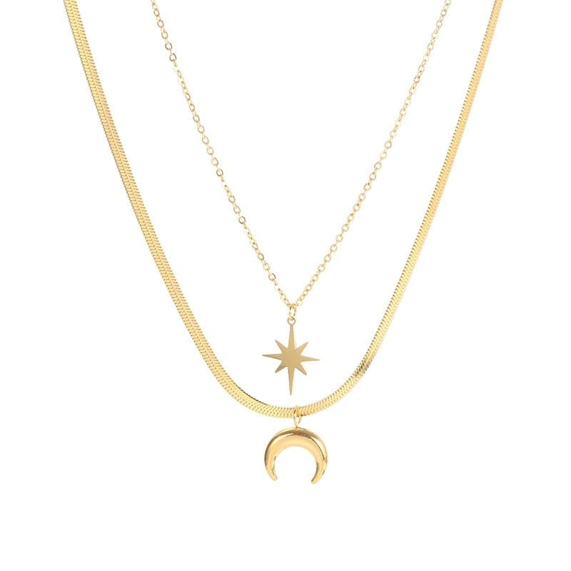 Colar Estrela e Lua Duplo Aço inoxidável 316l