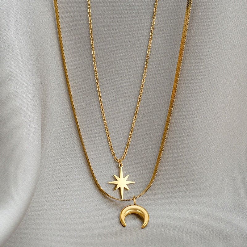 Colar Estrela e Lua Duplo Aço inoxidável 316l